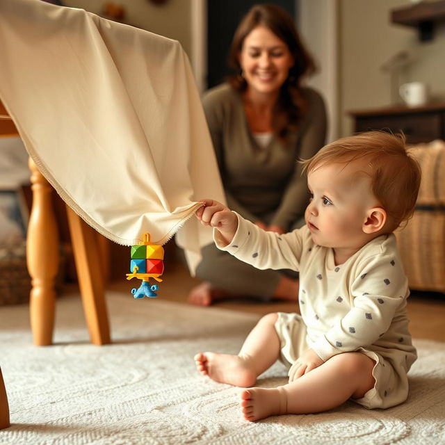 A charming scene of a small child sitting on the floor of a cozy room, gently tugging at a tablecloth hanging from the table