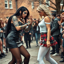 In a captivating schoolyard scene, a sexy, hot, beautiful, stunning, and curvy tattooed girl with jet black hair and striking crystal blue eyes stands out