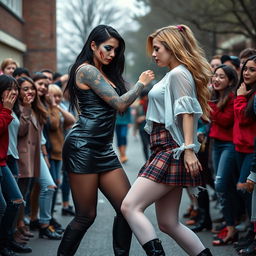 In a captivating schoolyard scene, a sexy, hot, beautiful, stunning, and curvy tattooed girl with jet black hair and striking crystal blue eyes stands out