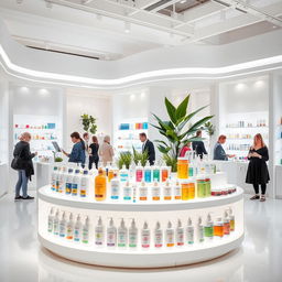 A modern product stand displaying a variety of lotions and creams in a sleek, minimalist white shop