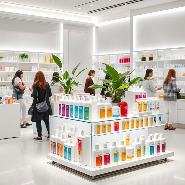 A modern product stand displaying a variety of lotions and creams in a sleek, minimalist white shop