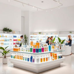 A modern product stand displaying a variety of lotions and creams in a sleek, minimalist white shop