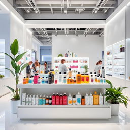 A modern product stand displaying a variety of lotions and creams in a sleek, minimalist white shop
