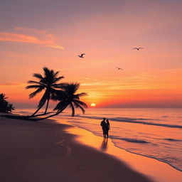 A serene sunset over a tranquil beach, the sky painted in hues of orange, pink, and purple as the sun dips below the horizon