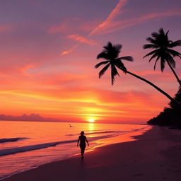 A serene sunset over a tranquil beach, the sky painted in hues of orange, pink, and purple as the sun dips below the horizon