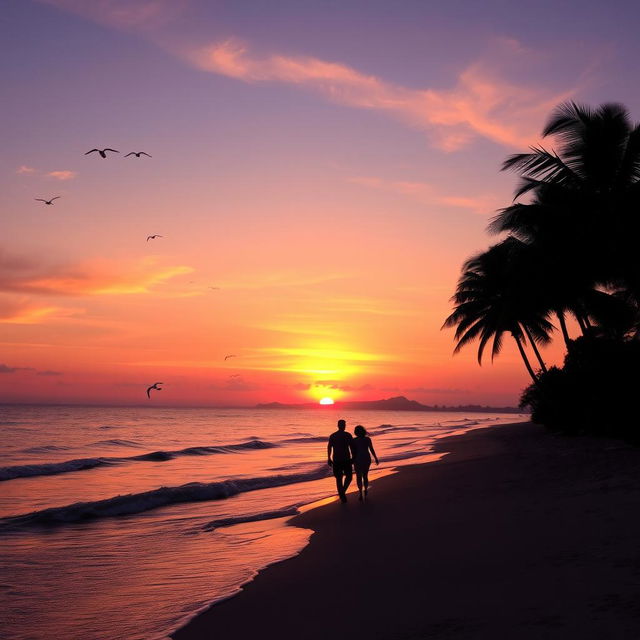 A serene sunset over a tranquil beach, the sky painted in hues of orange, pink, and purple as the sun dips below the horizon