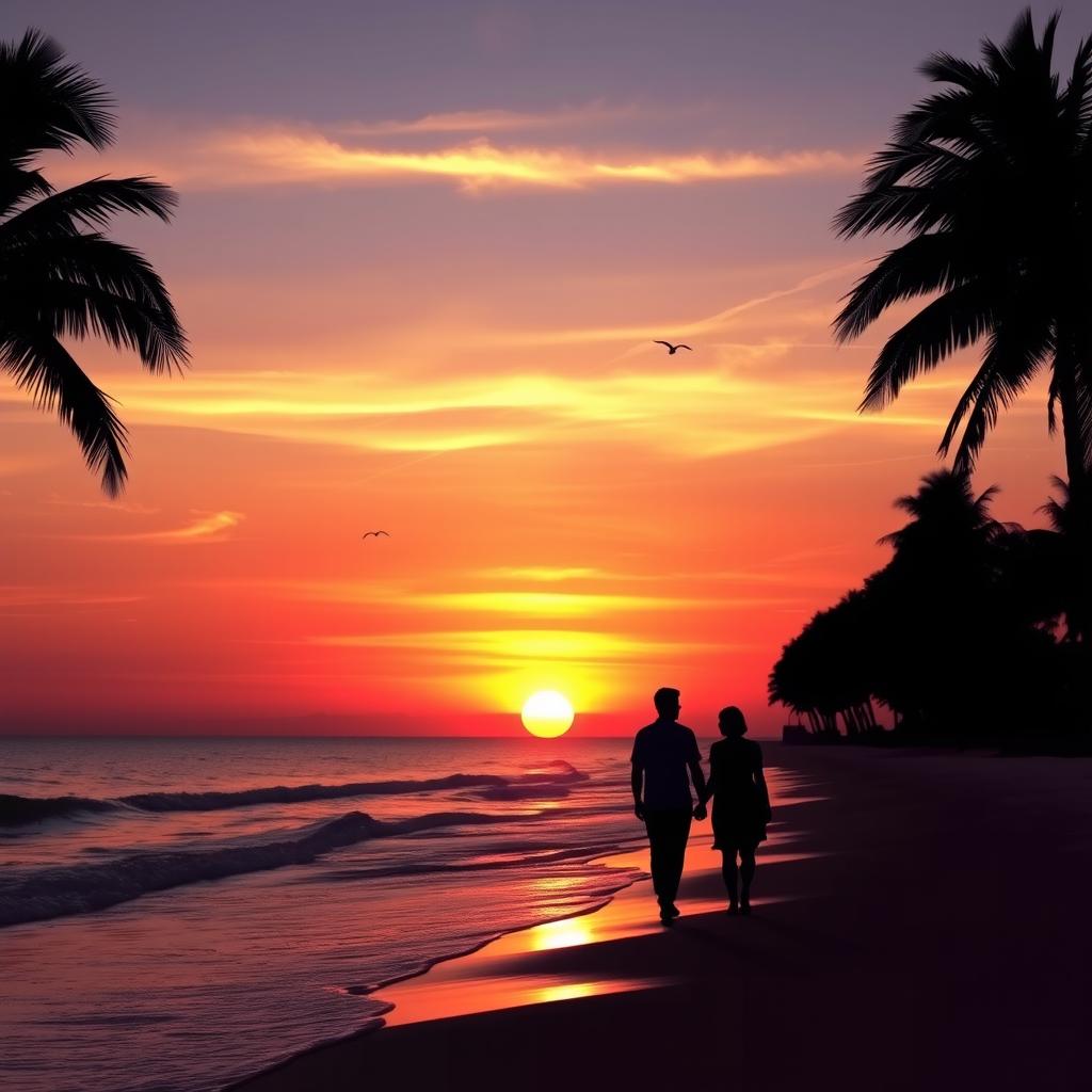 A serene sunset over a tranquil beach, the sky painted in hues of orange, pink, and purple as the sun dips below the horizon