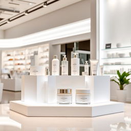 A sleek and modern product stand showcasing lotion and cream products, elegantly arranged on a white free-standing display