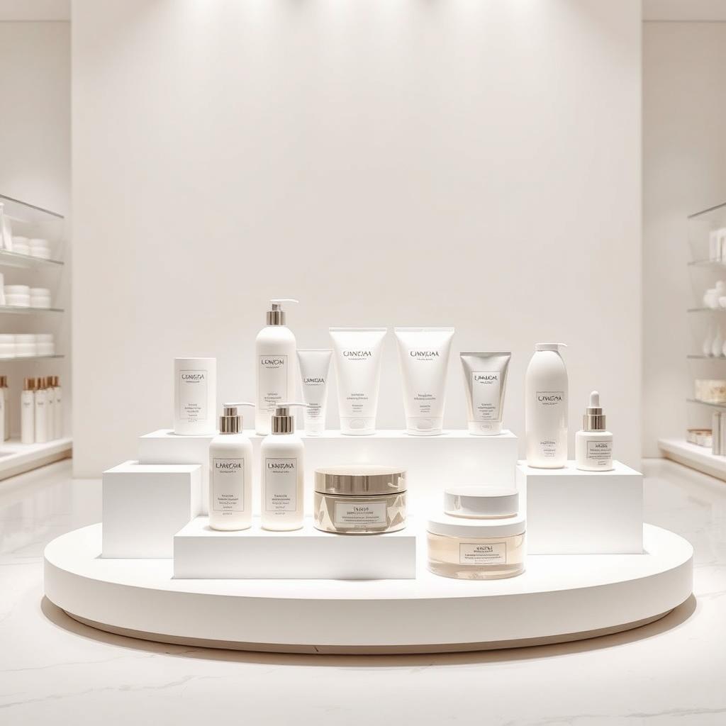 A sleek and modern product stand showcasing lotion and cream products, elegantly arranged on a white free-standing display