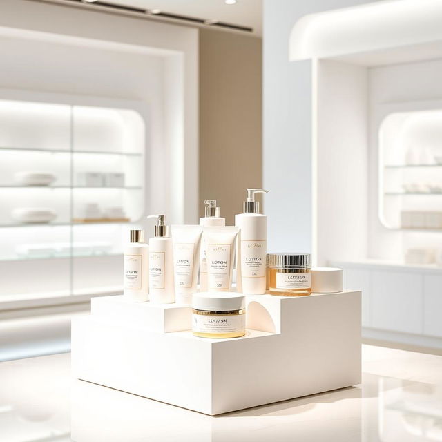 A sleek and modern product stand showcasing lotion and cream products, elegantly arranged on a white free-standing display