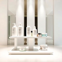 A sleek and modern product stand showcasing lotion and cream products, elegantly arranged on a white free-standing display