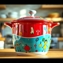 A whimsical and colorful ceramic pot designed with a playful theme, featuring bright colors of red, blue, green, and yellow with cartoonish illustrations of various kitchen utensils and quirky food characters dancing around the surface