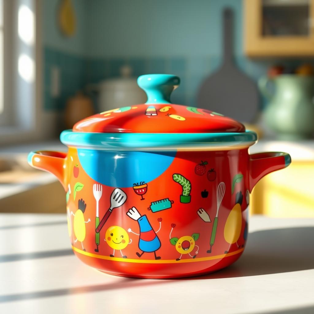 A whimsical and colorful ceramic pot designed with a playful theme, featuring bright colors of red, blue, green, and yellow with cartoonish illustrations of various kitchen utensils and quirky food characters dancing around the surface