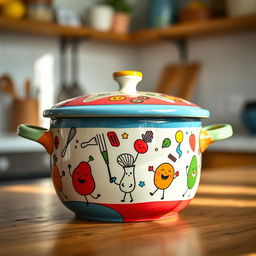 A whimsical and colorful ceramic pot designed with a playful theme, featuring bright colors of red, blue, green, and yellow with cartoonish illustrations of various kitchen utensils and quirky food characters dancing around the surface