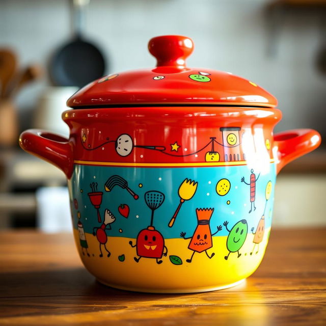 A whimsical and colorful ceramic pot designed with a playful theme, featuring bright colors of red, blue, green, and yellow with cartoonish illustrations of various kitchen utensils and quirky food characters dancing around the surface