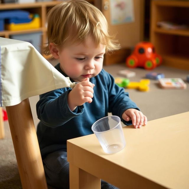 A small child sitting near a low table, tugging at a tablecloth as they watch a plastic cup fall slowly to the ground