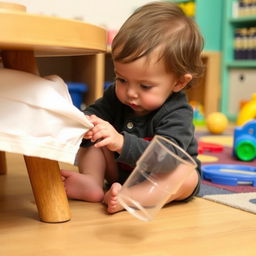A small child sitting near a low table, tugging at a tablecloth as they watch a plastic cup fall slowly to the ground