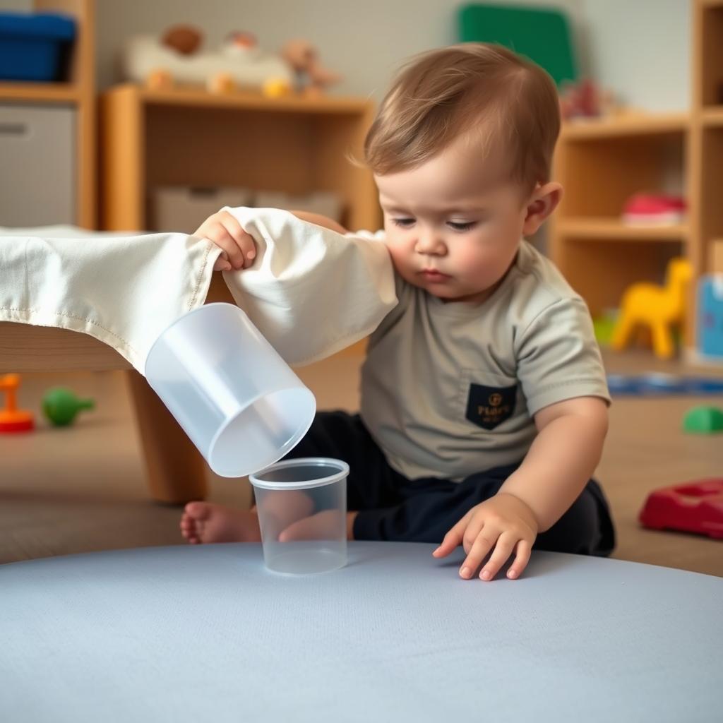 A small child sitting near a low table, tugging at a tablecloth as they watch a plastic cup fall slowly to the ground