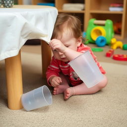 A small child sitting near a low table, tugging at a tablecloth as they watch a plastic cup fall slowly to the ground