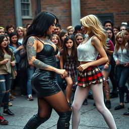 In an intense schoolyard confrontation, a sexy, hot, beautiful, stunning, and curvy tattooed girl with lustrous black hair and striking crystal blue eyes takes center stage