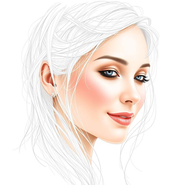 A portrait of a person with white hair, featuring intricate line art detailing woven throughout the strands of their hair and along their face, creating an artistic and ethereal effect