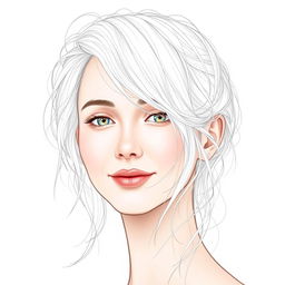 A portrait of a person with white hair, featuring intricate line art detailing woven throughout the strands of their hair and along their face, creating an artistic and ethereal effect