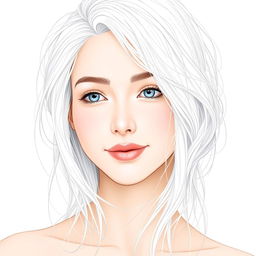 A portrait of a person with white hair, featuring intricate line art detailing woven throughout the strands of their hair and along their face, creating an artistic and ethereal effect