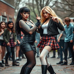 In an intense schoolyard showdown, a sexy, hot, beautiful, stunning, and curvy tattooed girl with glossy black hair and piercing crystal blue eyes takes center stage