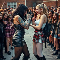 In a dramatic schoolyard scene, a sexy, hot, beautiful, stunning, and curvy tattooed girl with striking black hair and captivating crystal blue eyes is fiercely confronting another girl