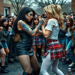 In a dramatic schoolyard scene, a sexy, hot, beautiful, stunning, and curvy tattooed girl with striking black hair and captivating crystal blue eyes is fiercely confronting another girl