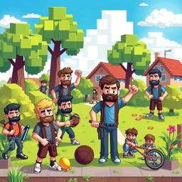 A vibrant and colorful scene featuring pixelated men in various poses and actions, each character designed with distinct features and outfits
