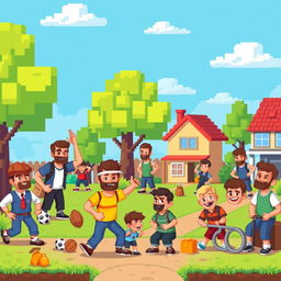 A vibrant and colorful scene featuring pixelated men in various poses and actions, each character designed with distinct features and outfits