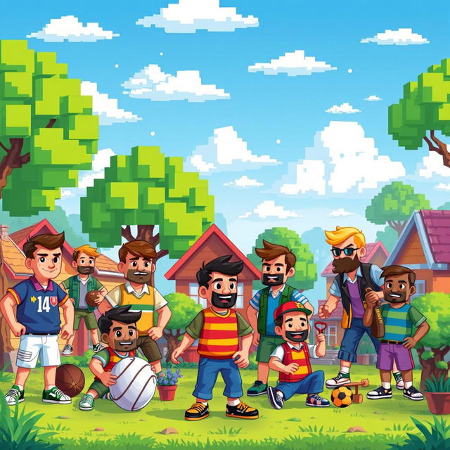 A vibrant and colorful scene featuring pixelated men in various poses and actions, each character designed with distinct features and outfits