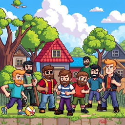 A vibrant and colorful scene featuring pixelated men in various poses and actions, each character designed with distinct features and outfits