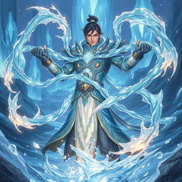 A stunning fantasy illustration featuring Chongyun as he wields the ability to create whip-like forms of water, reminiscent of Ming-Hua from 'Avatar: The Legend of Korra'