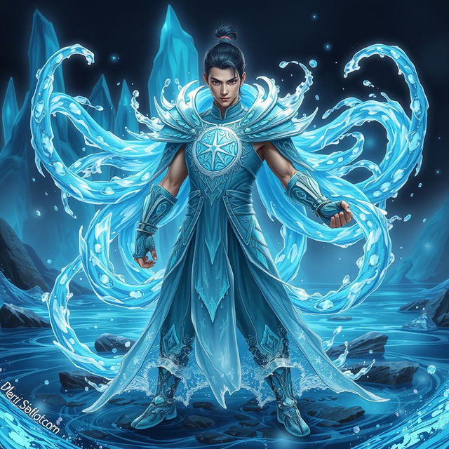 A stunning fantasy illustration featuring Chongyun as he wields the ability to create whip-like forms of water, reminiscent of Ming-Hua from 'Avatar: The Legend of Korra'