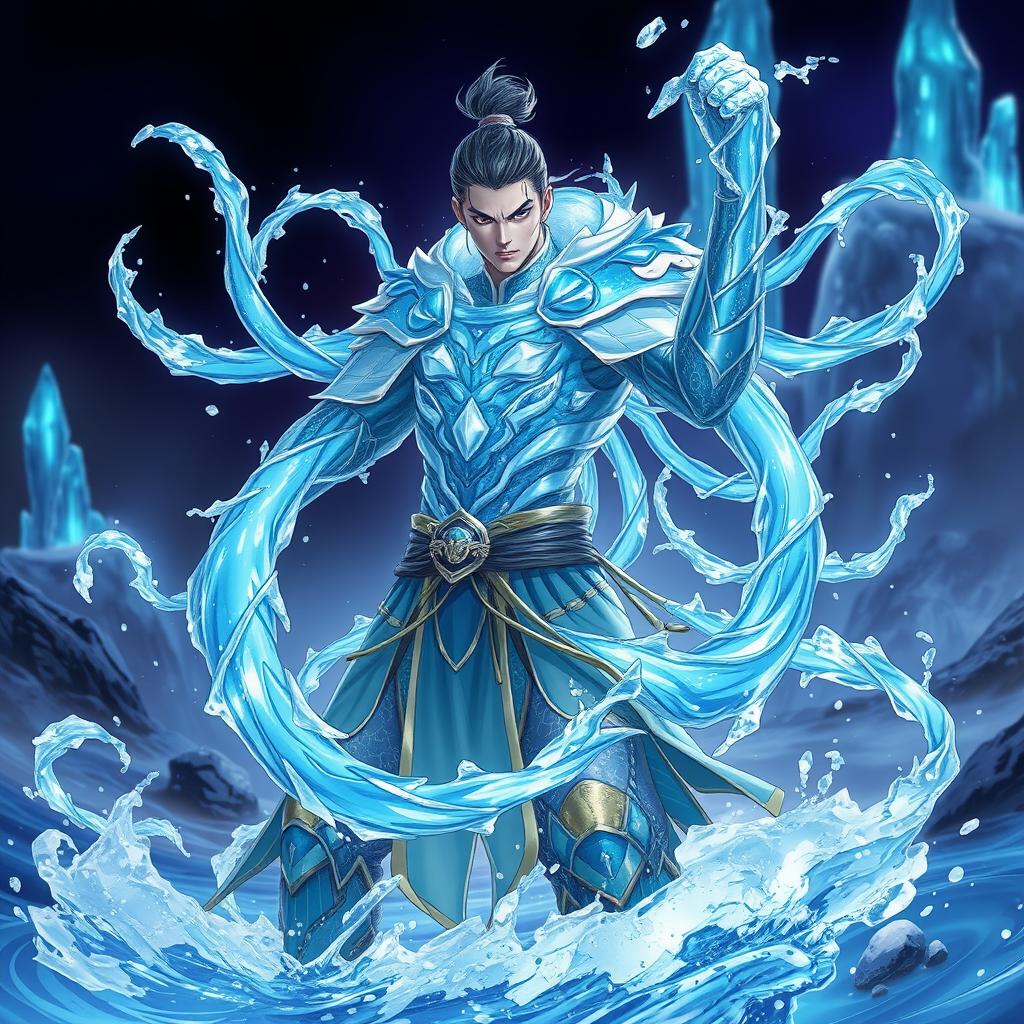 A stunning fantasy illustration featuring Chongyun as he wields the ability to create whip-like forms of water, reminiscent of Ming-Hua from 'Avatar: The Legend of Korra'