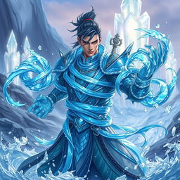 A stunning fantasy illustration featuring Chongyun as he wields the ability to create whip-like forms of water, reminiscent of Ming-Hua from 'Avatar: The Legend of Korra'