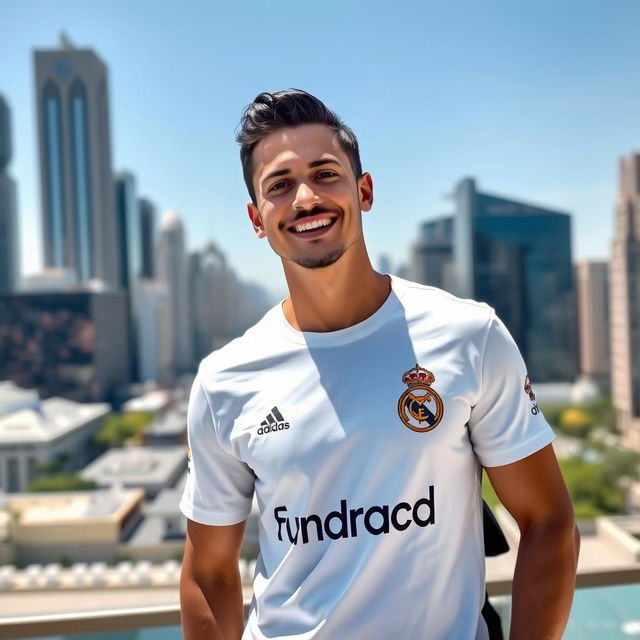 A person wearing a stylish Real Madrid t-shirt, standing confidently in front of a bustling cityscape