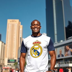 A person wearing a stylish Real Madrid t-shirt, standing confidently in front of a bustling cityscape