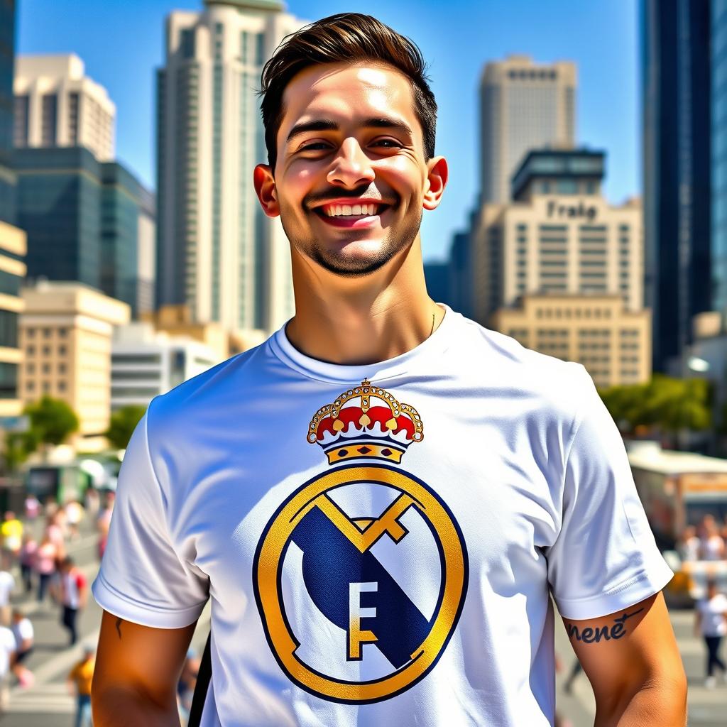 A person wearing a stylish Real Madrid t-shirt, standing confidently in front of a bustling cityscape