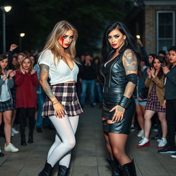 In a dramatic schoolyard scene, a sexy, hot, beautiful, stunning, and curvy tattooed girl with glossy black hair and mesmerizing crystal blue eyes takes center stage