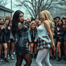 In a dramatic schoolyard scene, a sexy, hot, beautiful, stunning, and curvy tattooed girl with glossy black hair and mesmerizing crystal blue eyes takes center stage