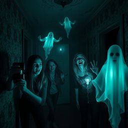 A chilling and immersive scene from a haunted house, featuring a group of four friends exploring dark, eerie rooms filled with ghostly apparitions