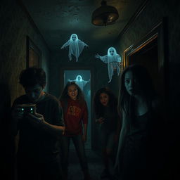 A chilling and immersive scene from a haunted house, featuring a group of four friends exploring dark, eerie rooms filled with ghostly apparitions