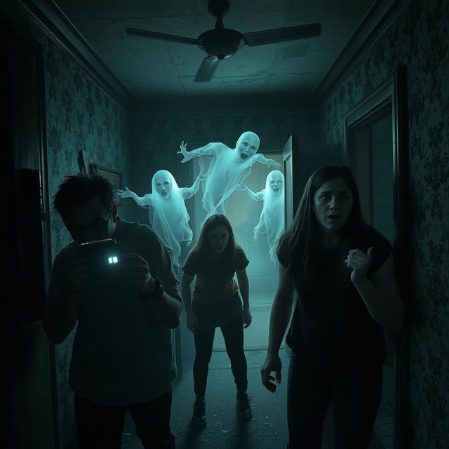 A chilling and immersive scene from a haunted house, featuring a group of four friends exploring dark, eerie rooms filled with ghostly apparitions