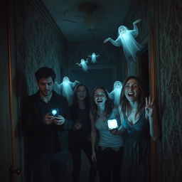 A chilling and immersive scene from a haunted house, featuring a group of four friends exploring dark, eerie rooms filled with ghostly apparitions