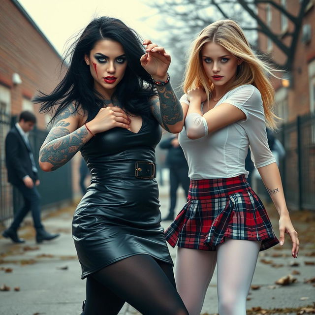 In a dramatic and electrifying schoolyard scene, a sexy, hot, beautiful, stunning, and curvy tattooed girl with glossy black hair and striking crystal blue eyes is fiercely engaged in conflict