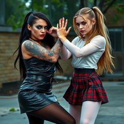 In a dramatic and electrifying schoolyard scene, a sexy, hot, beautiful, stunning, and curvy tattooed girl with glossy black hair and striking crystal blue eyes is fiercely engaged in conflict