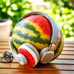 A vibrant and colorful watermelon resting on a wooden table, with a pair of vintage headphones draped over it, creating an amusing and playful scene